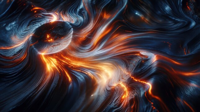 Abstract liquid flow with glowing orange energy waves on dark
