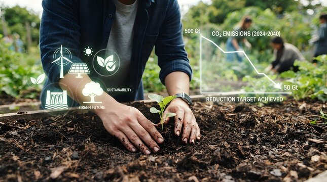 Hands planting seedling in soil with overlaying holographic green energy charts and sustainability graphs showing CO2 reduction