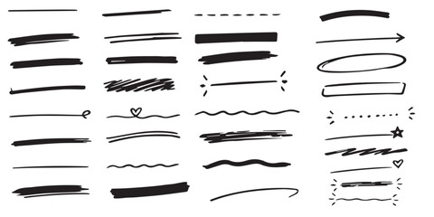 Collection of hand drawn marker strokes and underline elements for graphic design projects © Bithika