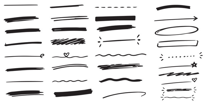 Collection of hand drawn marker strokes and underline elements for graphic design projects