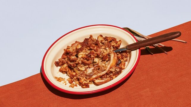 Thanksgiving sage stuffing in a cream enamel dish with a wooden spoon on orange linen, featuring steaming homemade comfort for menu banners