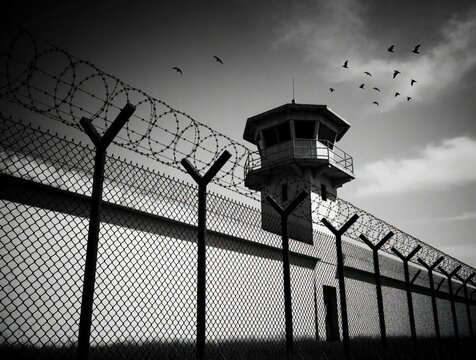 High angle view of prison watchtower behind metal fence with razor wire. Guard tower stands over tall white wall under cloudy sky. Birds fly above detention center. Security concept for