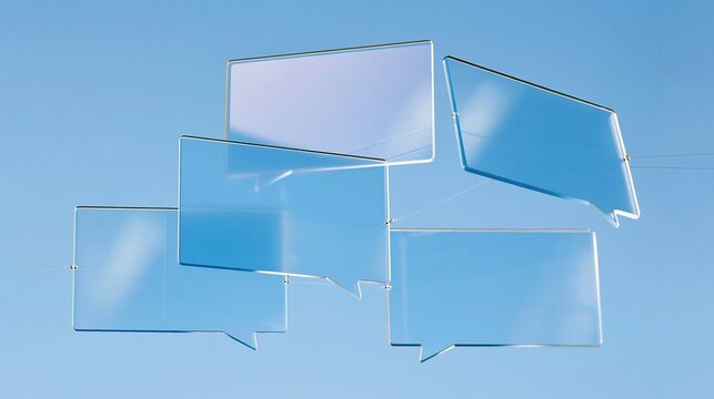 Lavender and blue translucent speech bubbles connected by thin threads, featuring frosted glass textures and copy space for chat banners