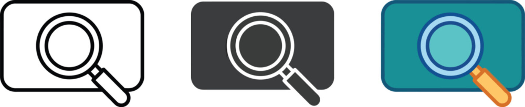 Search tool magnifying glass icons in linear solid and color variations with search icon