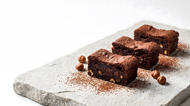 Three rectangular chocolate brownies with hazelnut pieces, arranged on a rough grey stone slab with cocoa powder dusting and whole hazelnuts
