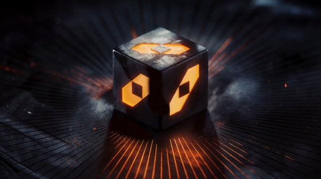 Glowing futuristic cube with orange light patterns on a dark textured