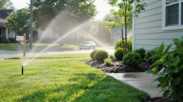 Lawn sprinkler watering green grass in a suburban front yard during a sunny summer afternoon 4k video