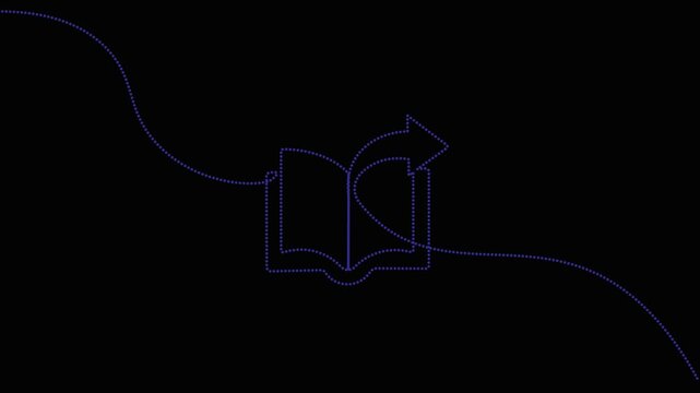 Digital book icon depicting a continuous dotted line animation with an arrow on a plain black background. Motion graphics animation.