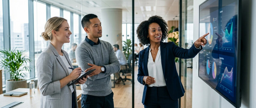 Diverse team collaborating on data charts displayed on modern office screen