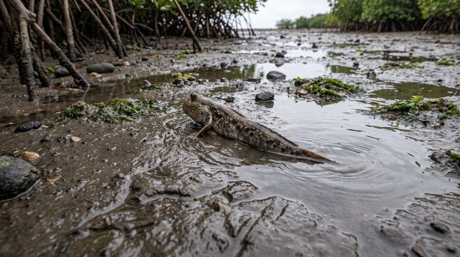 Mudskipper Moving Across Coastal Mudflat