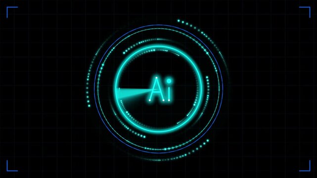 Abstract AI logo animation with glowing turquoise energy circles in dark digital space