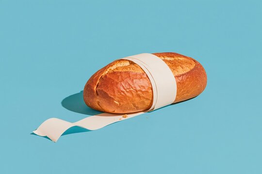 Loaf of crusty bread wrapped in a long white receipt on a vivid cobalt blue background for budget and grocery inflation concepts