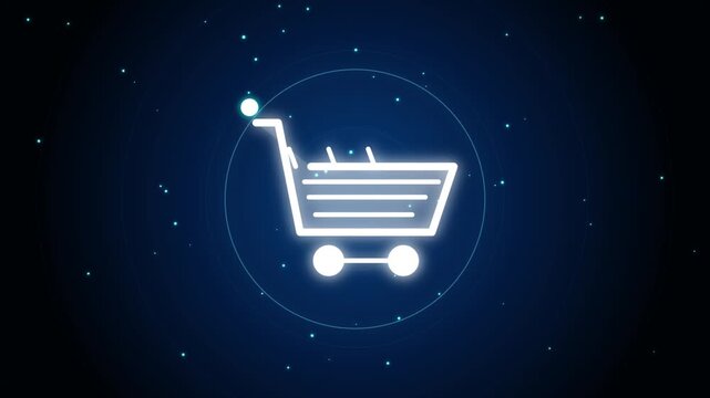 Animated shopping cart icon glowing with digital particles in a dark blue cyberspace