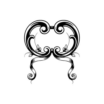 Black decorative vintage scroll frame with ornate floral leaves isolated on a transparent background