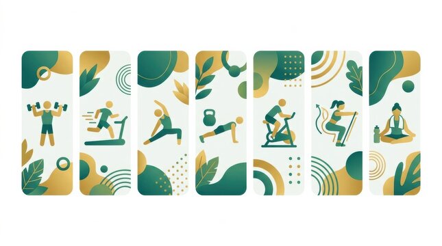 People engage in various workouts in bright settings. The design features exercises like lifting weights and cycling for fitness.