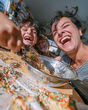 Colorful sprinkles and brownies being prepared by a laughing mother and son, a natural festive scene for family and parenting media