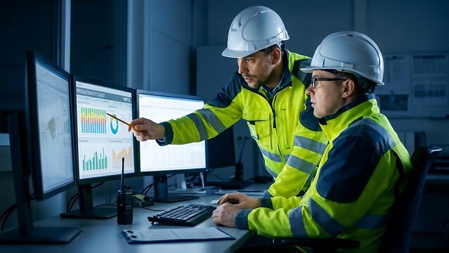 Two engineers wearing white hard hats and visibility yellow jackets analyzing data charts on multiple computer monitors in a dark control room