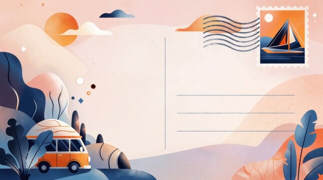 Summer travel postcard template with camper van and sailboat stamp