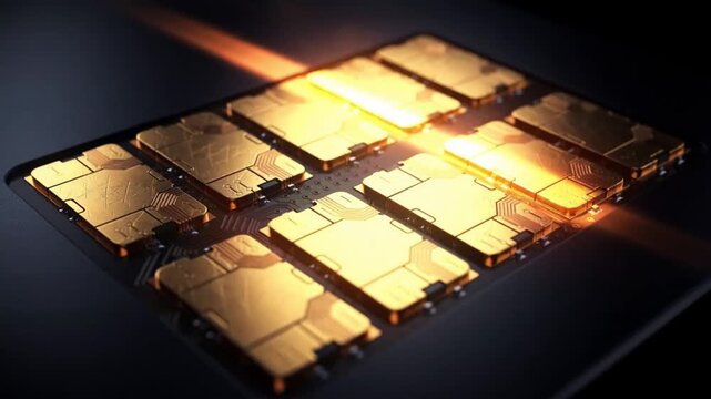 Golden microchips illuminate during a simulated data transfer process microchip chips circuitry semiconductor integratedcircuit gold metallic