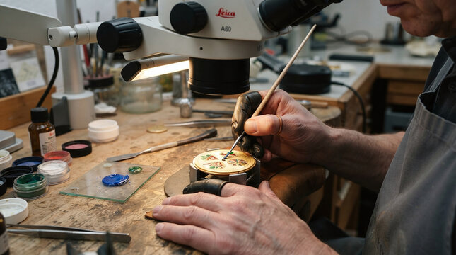 Watch artisan hands painting miniature grand feu enamel dial with fine brush