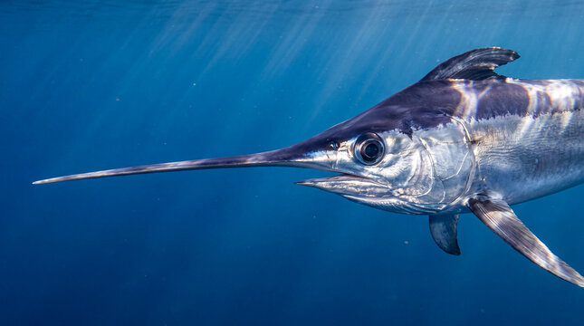 Blue marlin swimming through clear blue ocean water