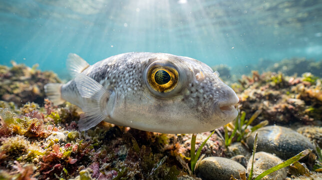 Pufferfish underwater photo. Close-up of a spotted puffer fish swimming near coral reef. Sunlight rays filtering through clear ocean water