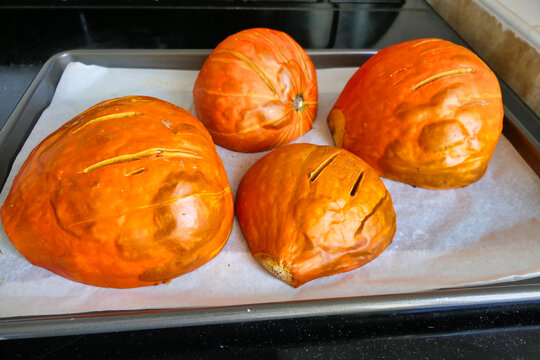 Uchi Kiri Squash roasted in the oven and left to cool before removing the skin and liquidising for squash soup and pumpkin pie
