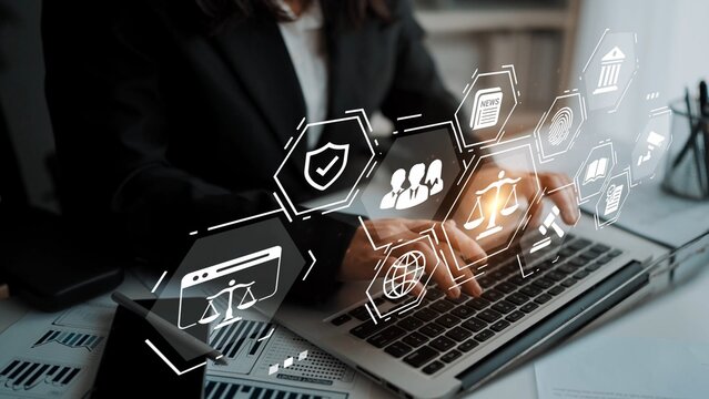 Professional Businesswoman Using Laptop with Digital Icons Illustrating Legal Concepts, Privacy Protection, and Team Collaboration in Modern Office Setting Gluon.