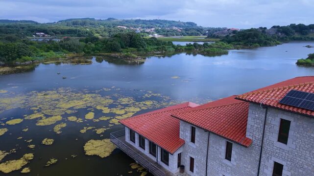 Aerial drone view of the Joyel Marshes in the Santo&ntilde;a, Victoria and Joyel Marshes Natural Park. Noja. Cantabrian Sea. Cantabria. Spain. Europe