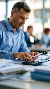 Businessman in a blue shirt cropped below the chin examining financial documents at a bright office desk using a calculator amidst paperwork and folders businessman blue shirt financial