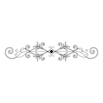 Symmetrical floral flourish divider with a central black diamond isolated on a transparent background