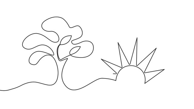Continuous line of a tree and rising sun minimalist animation on white background, single line