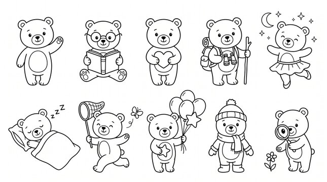 Set of 10 cute black-and-white teddy bear line art illustrations on a white background, hand-drawn cartoon vector style, bears waving, reading, sleeping, dancing, hiking, holding balloons, catching bu