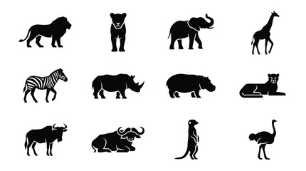 Fototapeta premium Black and White Silhouette Icons of Various African Wildlife Animals
