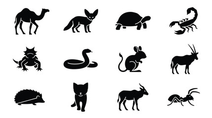 Fototapeta premium Black and white silhouette icons of various desert and wild animals