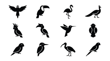 Fototapeta premium Black and White Silhouette Vector Icons of Various Bird Species on Transparent Background