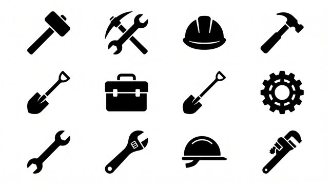 Set of 12 black silhouette tool icons on a white background, flat solid vector style, including hammers, wrenches, pickaxe, shovels, hard hats, toolbox, gear, and pipe wrench, bold glyphs for construc