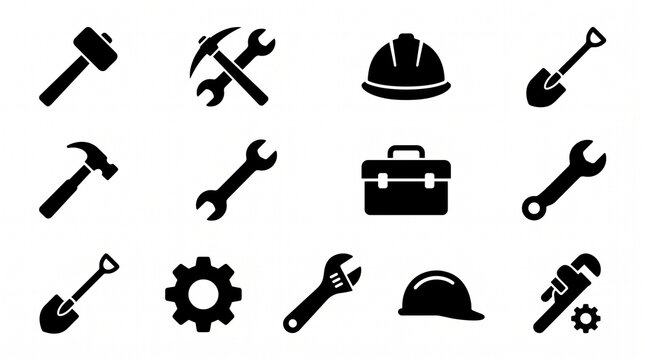 Set of 12 black silhouette tool icons on a white background, flat solid vector style, including hammers, wrenches, pickaxe, shovels, hard hats, toolbox, gear, and pipe wrench, bold glyphs for construc