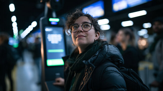 Young Woman Using Self-Service Ticket Kiosk at Station