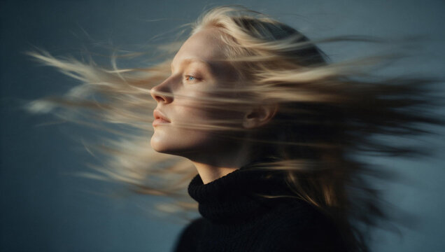 Blonde Woman with Hair Blowing in the Wind