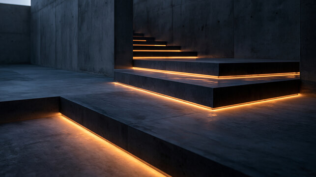 Modern Concrete Staircase with Warm LED Strip Lighting