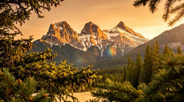 three sisters mountains in canmore alberta at golden light with rainbow in the sky video