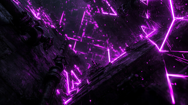 Cyberpunk Industrial Shaft with Glowing Purple Neon Geometry