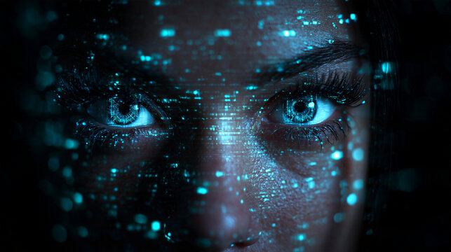 Woman Face with AI Biometric Facial Recognition Scan Overlay
