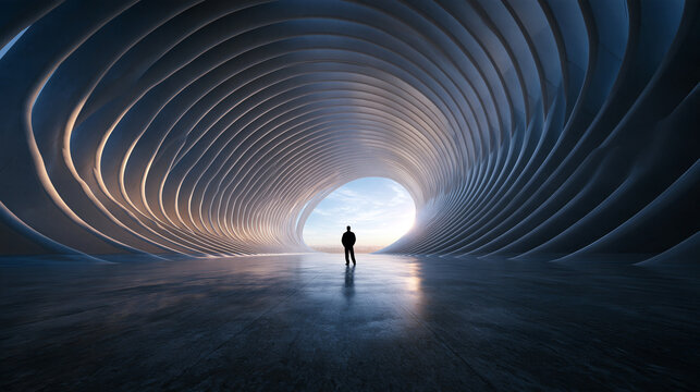 Silhouette of Person Standing in Futuristic Architectural Tunnel