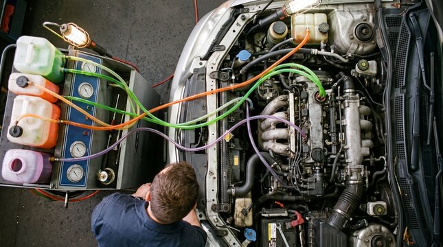 Mechanic Servicing Car Engine with Fluid Flush Machine
