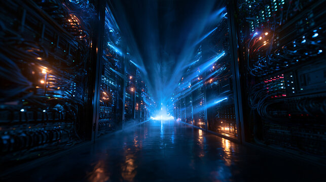 Futuristic Data Center Server Room with Glowing Blue Lights