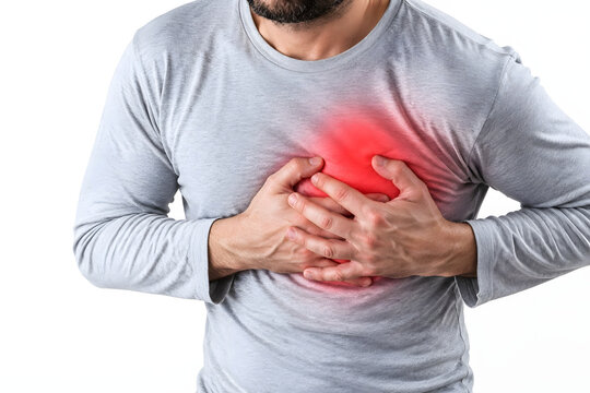 Man suffering from sudden heart attack with glowing red painful chest area