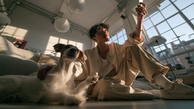 Young Asian Man Taking Selfie with Dog at Home