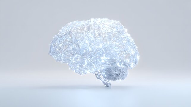 Glowing blue light nodes form a detailed neural plexus brain hologram. Minimalist white backdrop accentuates digital data streams. High-resolution asset for machine learning designs.